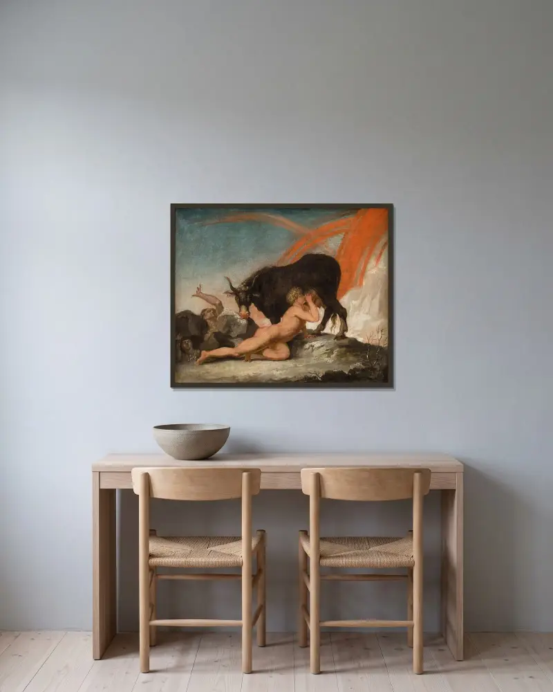 Ymir dia kon Audhumla av Nicolai Abildgaard inramad på en vägg