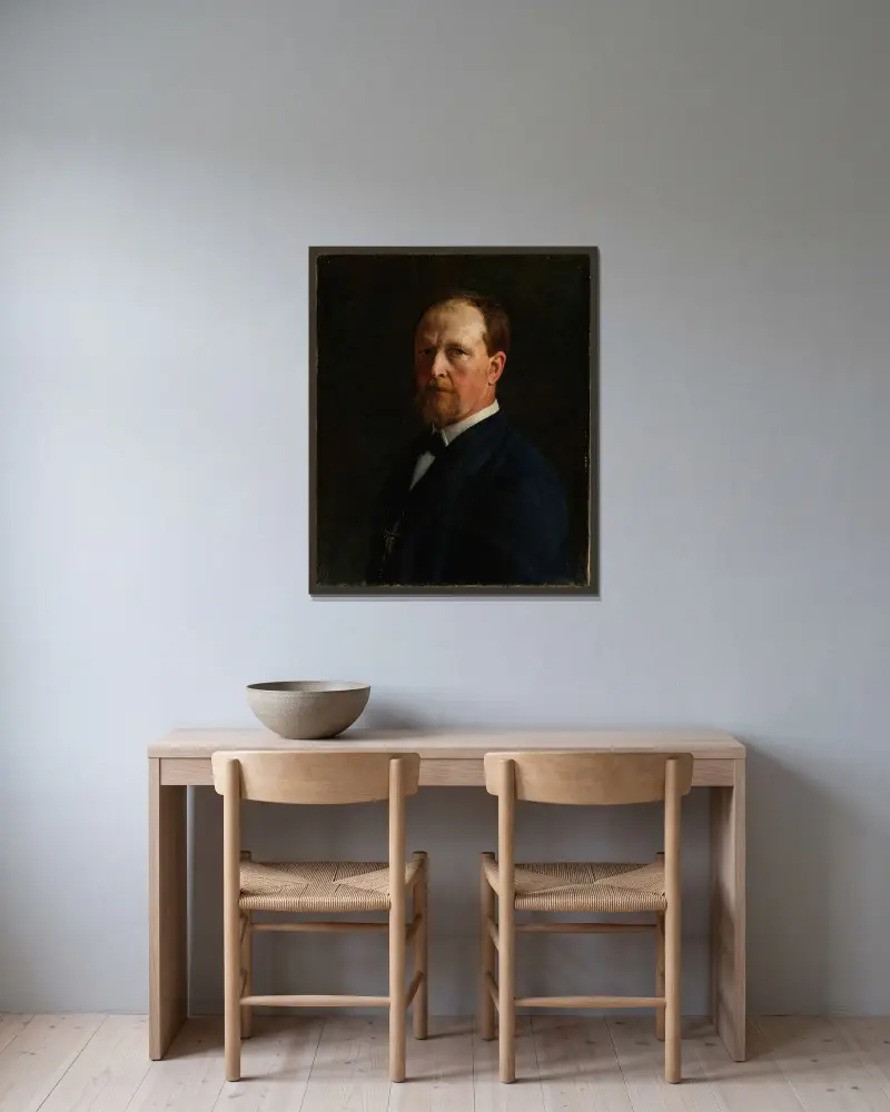 Selbstporträt von Peter Nicolai Arbo gerahmt an einer Wand