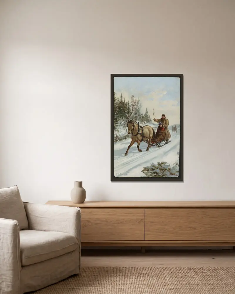 Vintermotiv av Peter Nicolai Arbo inramad på en vägg