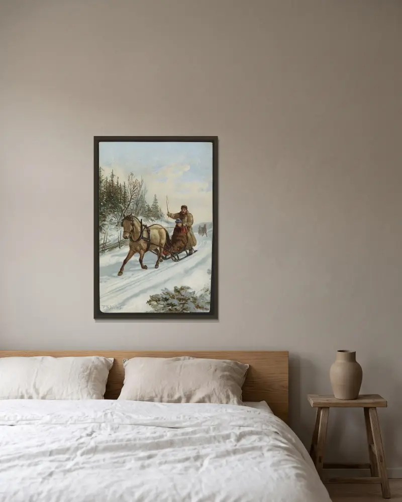 Vintermotiv av Peter Nicolai Arbo inramad på en vägg