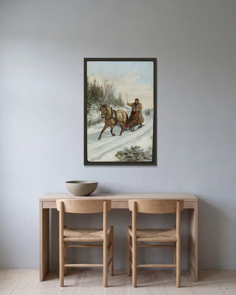 Vintermotiv av Peter Nicolai Arbo inramad på en vägg
