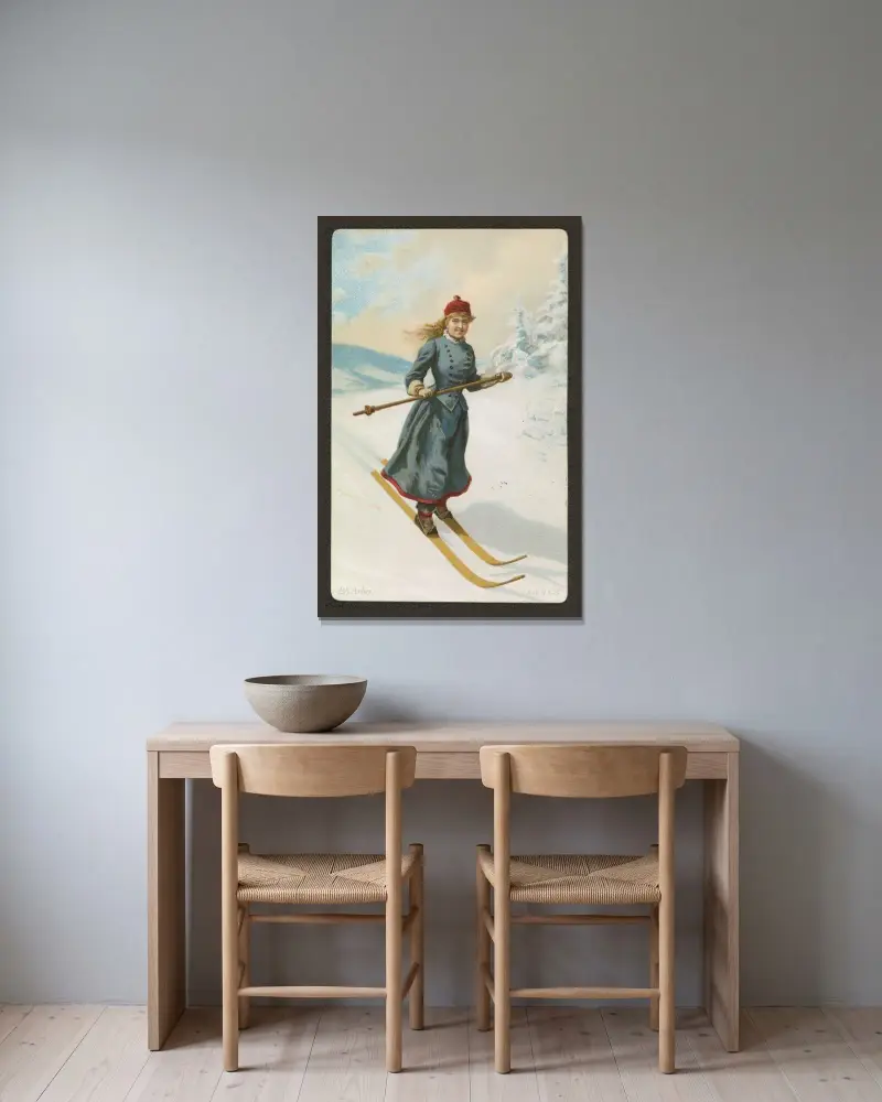 Kvinna som åker skidor av Peter Nicolai Arbo inramad på en vägg