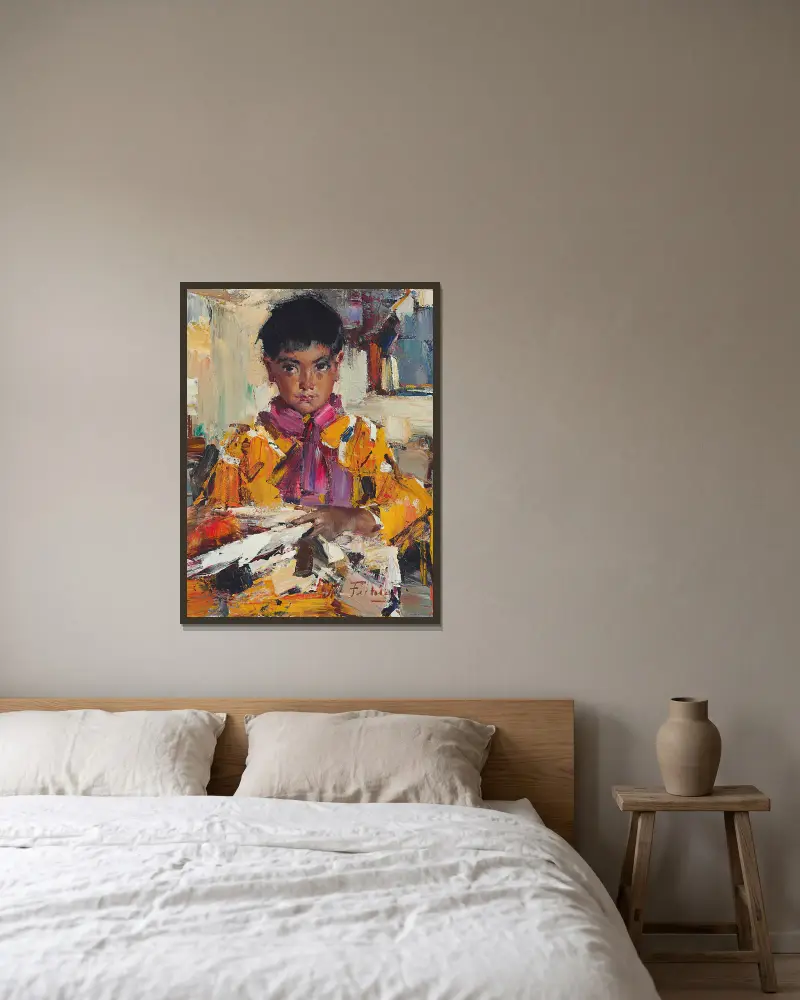 Indian Boy with Fan av Nicolai Fechin inramad på en vägg