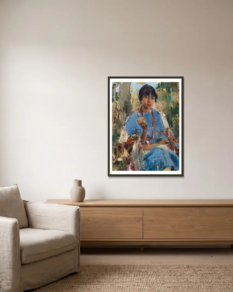 Indian Girl in Blue Dress av Nicolai Fechin inramad på en vägg
