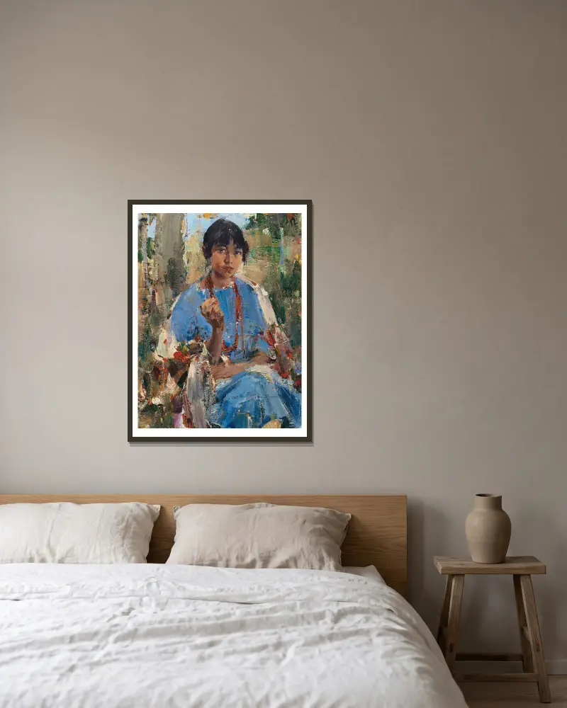 Indian Girl in Blue Dress av Nicolai Fechin inramad på en vägg