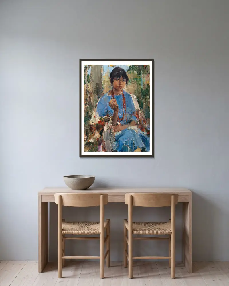 Indian Girl in Blue Dress av Nicolai Fechin inramad på en vägg