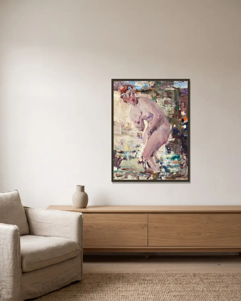 Nude in river av Nicolai Fechin inramad på en vägg