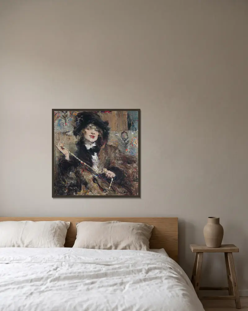 Portrait of Mademoiselle Podbelskaya av Nicolai Fechin inramad på en vägg