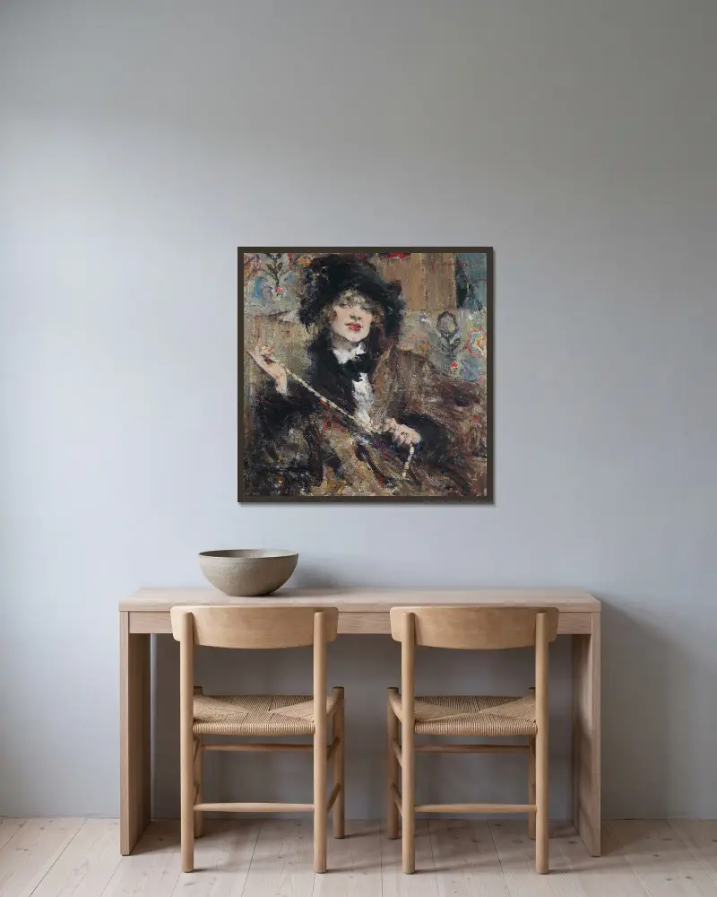 Portrait of Mademoiselle Podbelskaya av Nicolai Fechin inramad på en vägg