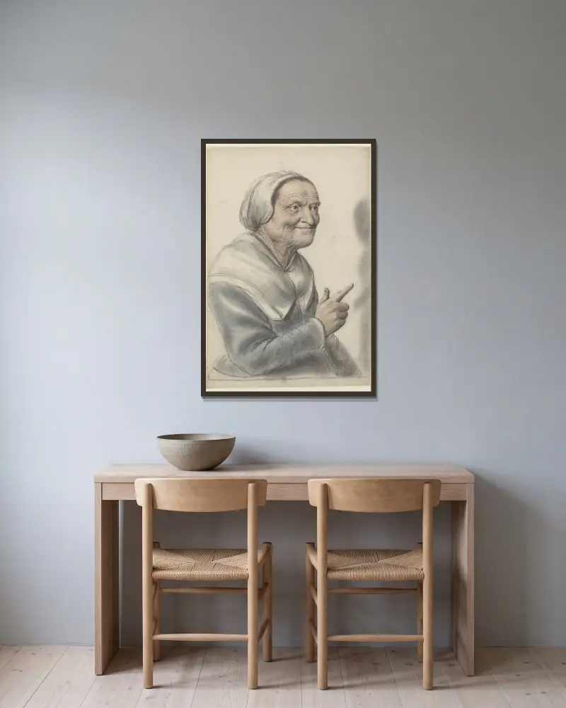 Femme âgée portant une coiffe blanche, l’index pointé, vue de trois quarts à droite av Nicolas Lagneau inramad på en vägg