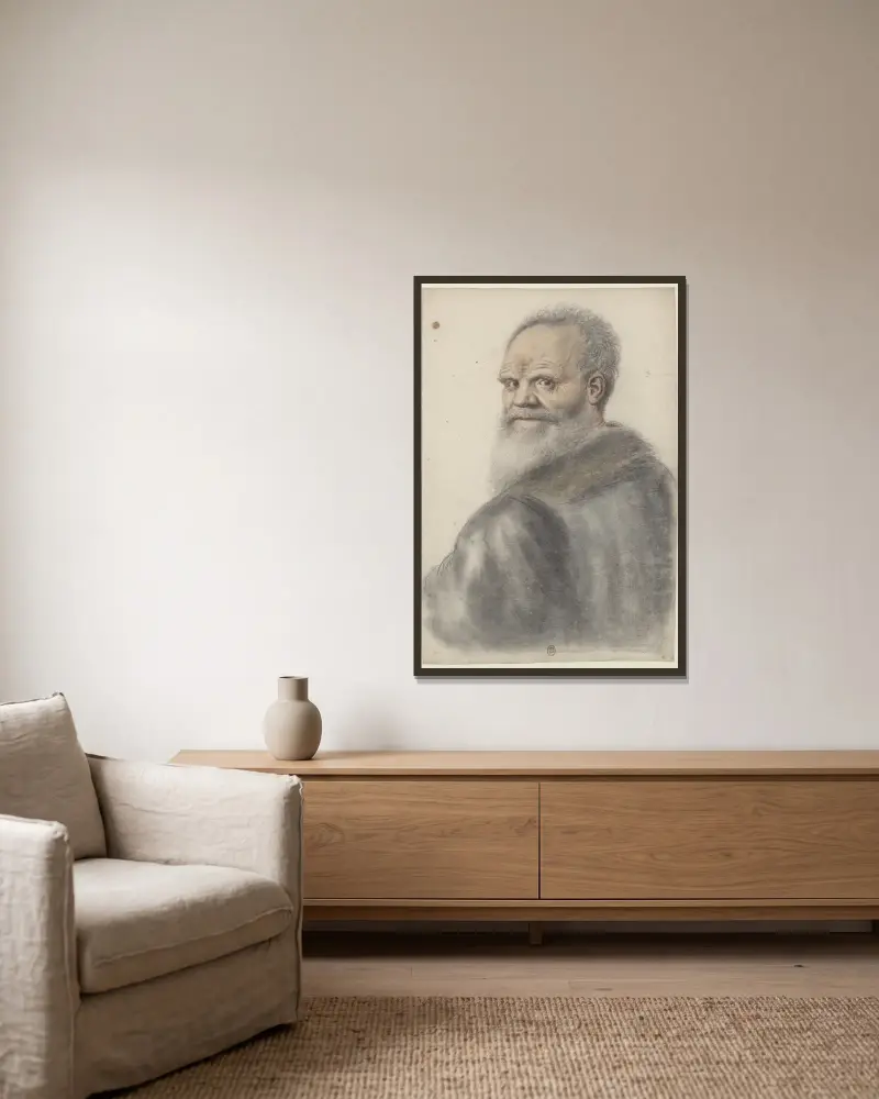 Homme âgé, à longue barbe, de dos, se retournant, la tête vue de trois quarts à gauche av Nicolas Lagneau inramad på en vägg