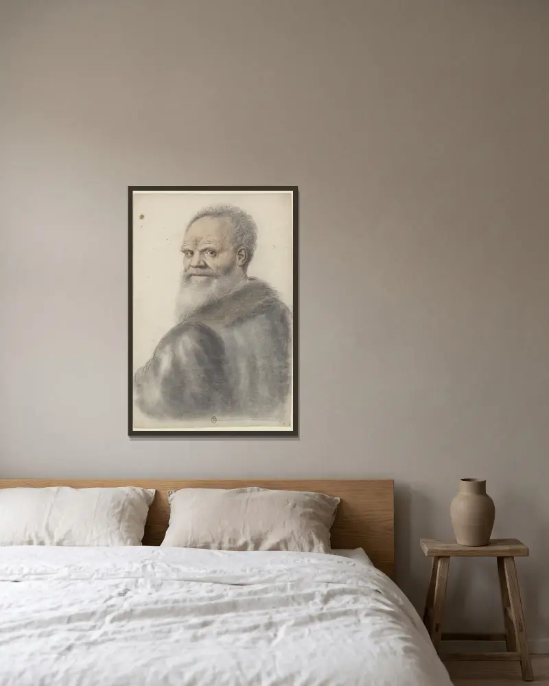 Homme âgé, à longue barbe, de dos, se retournant, la tête vue de trois quarts à gauche av Nicolas Lagneau inramad på en vägg
