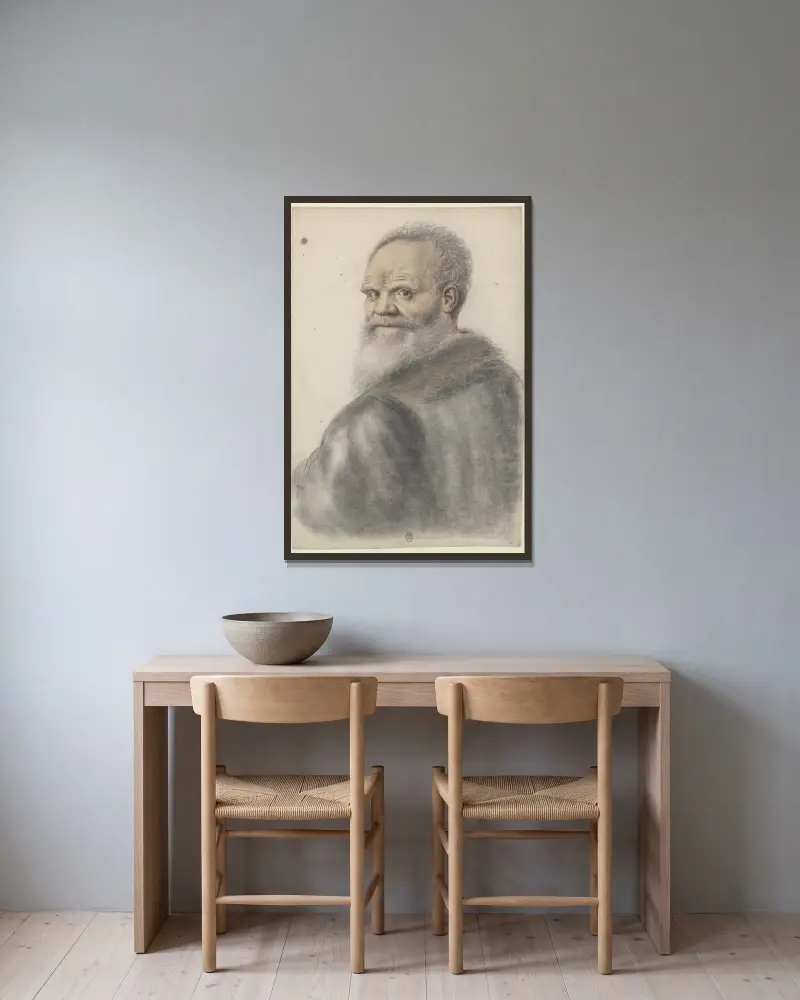 Homme âgé, à longue barbe, de dos, se retournant, la tête vue de trois quarts à gauche av Nicolas Lagneau inramad på en vägg