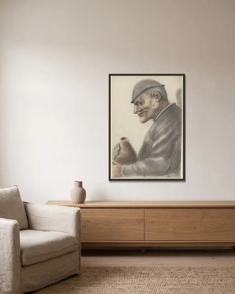 Homme âgé présentant sur la joue une importante verrue, coiffé d’un bonnet et tenant un gourde, vu de profil à gauche av Nicolas Lagneau inramad på en vägg