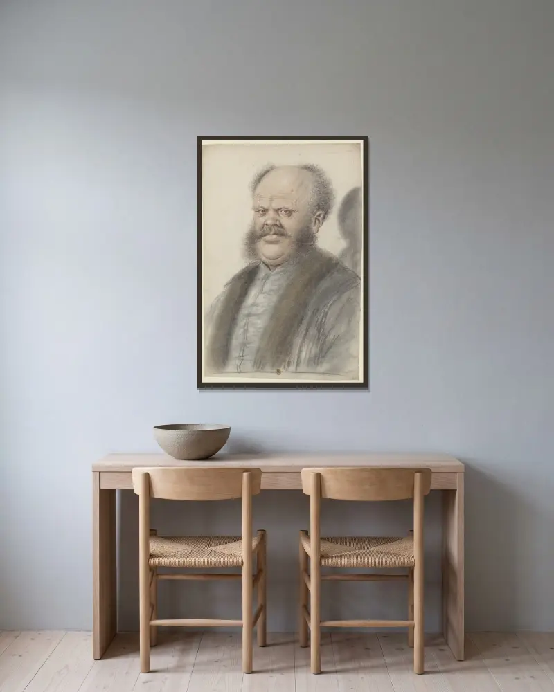Homme au crâne dégarni, portant moustaches et larges pattes de cheveux descendant sur les joues, vu presque de face av Nicolas Lagneau inramad på en vägg
