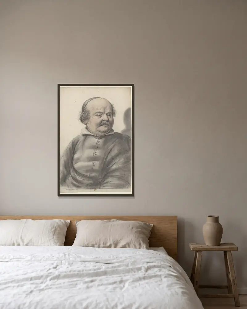 Homme au visage rond, portant moustaches et royale, coiffé d’une calotte, la tête de trois quarts à droite av Nicolas Lagneau inramad på en vägg