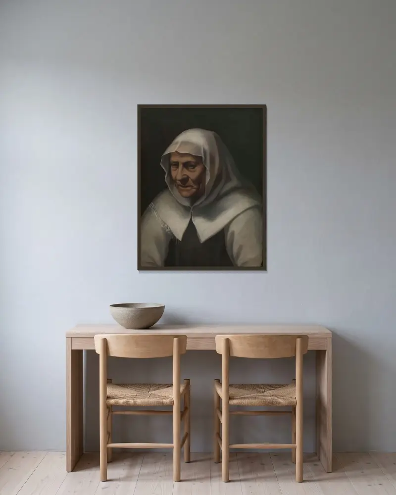 Porträtt av en gammal kvinna av Nicolas Lagneau inramad på en vägg