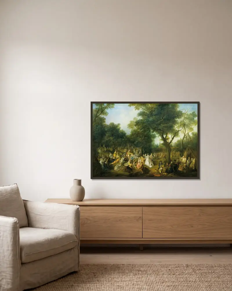 Fest im Wald von Nicolas Lancret gerahmt an einer Wand