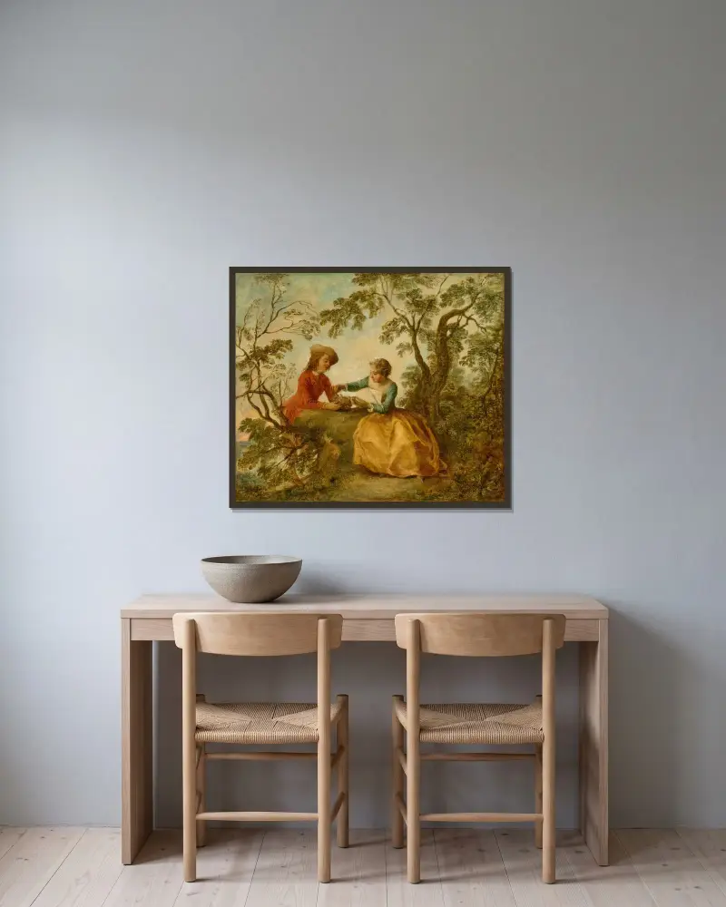 Das Vogelnest von Nicolas Lancret gerahmt an einer Wand