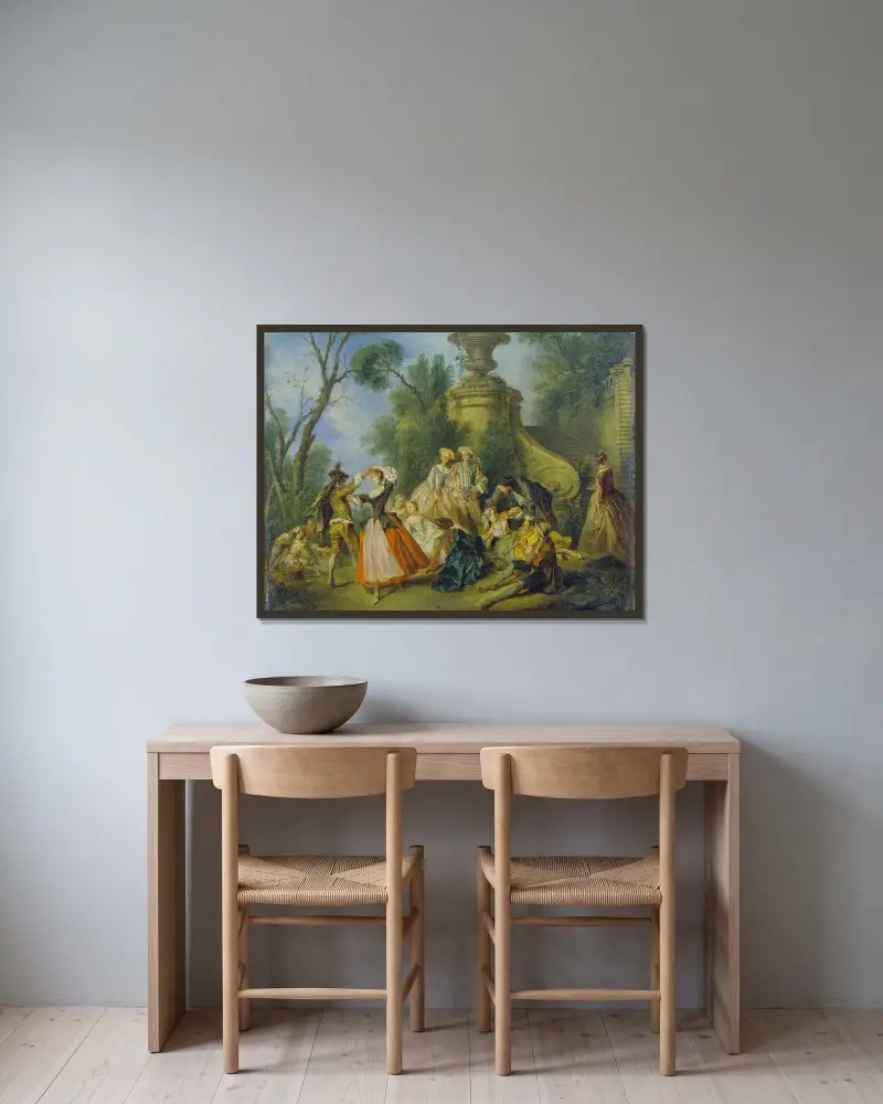 Pastoral Revels av Nicolas Lancret inramad på en vägg