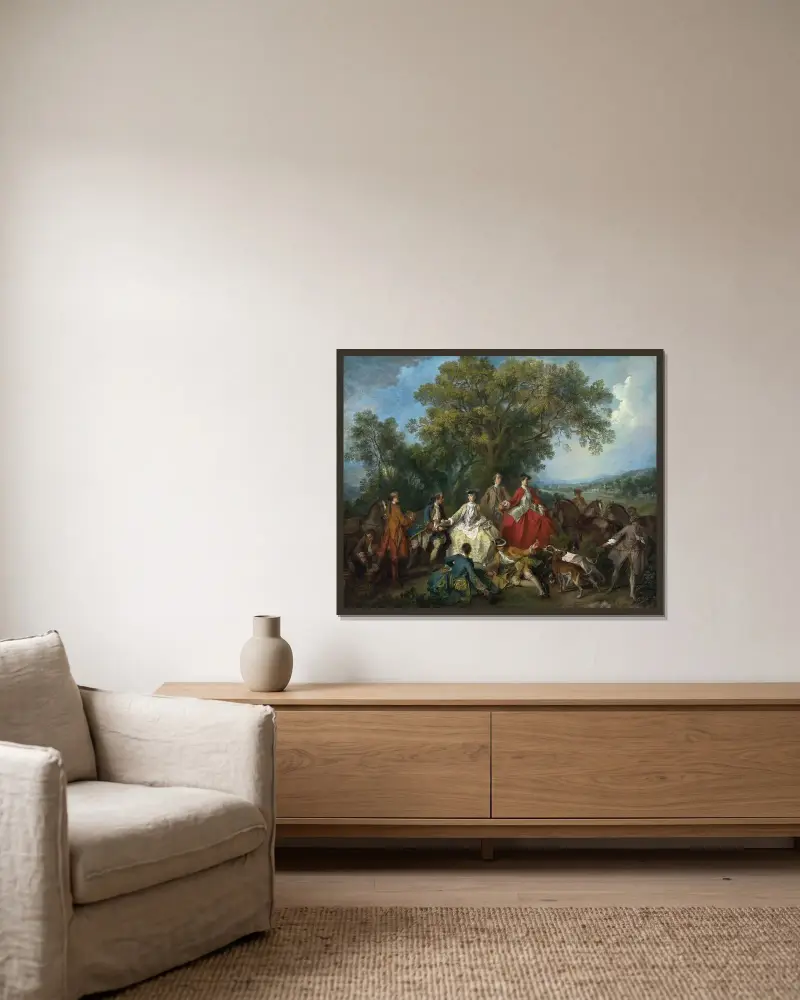 Picknick nach der Jagd von Nicolas Lancret gerahmt an einer Wand
