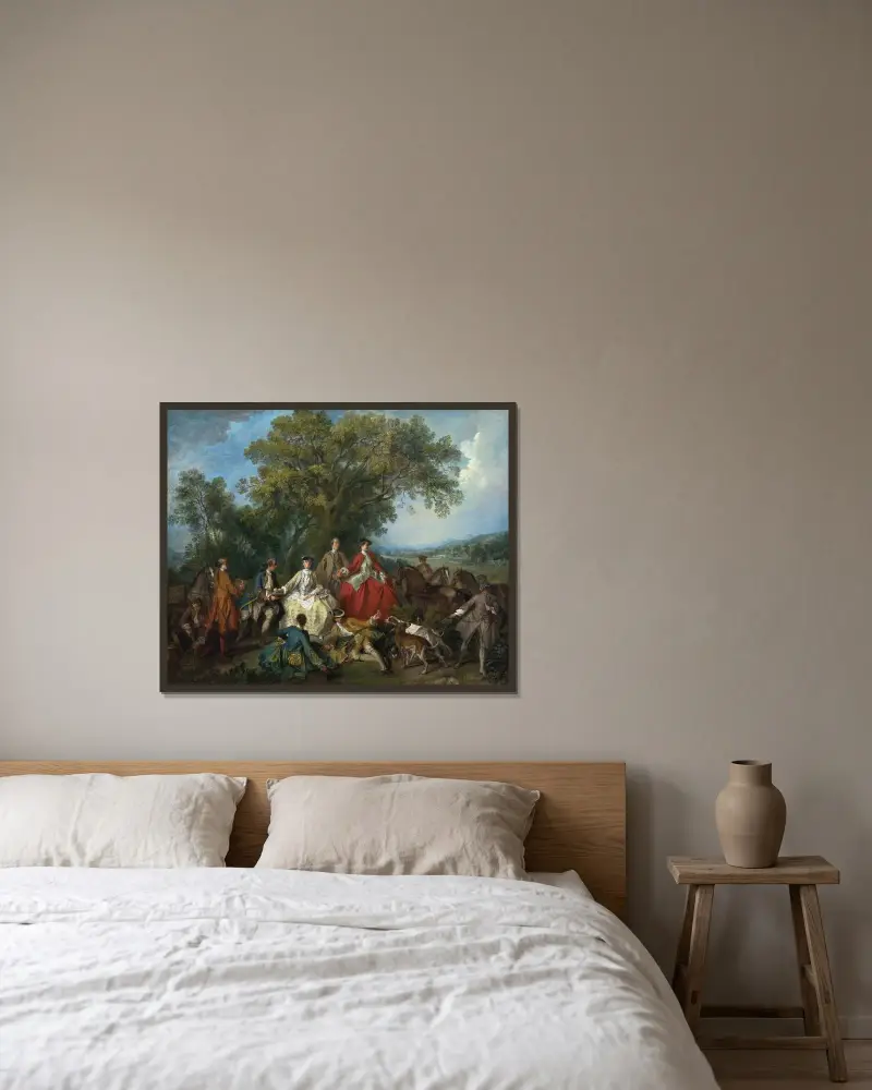 Picknick nach der Jagd von Nicolas Lancret gerahmt an einer Wand