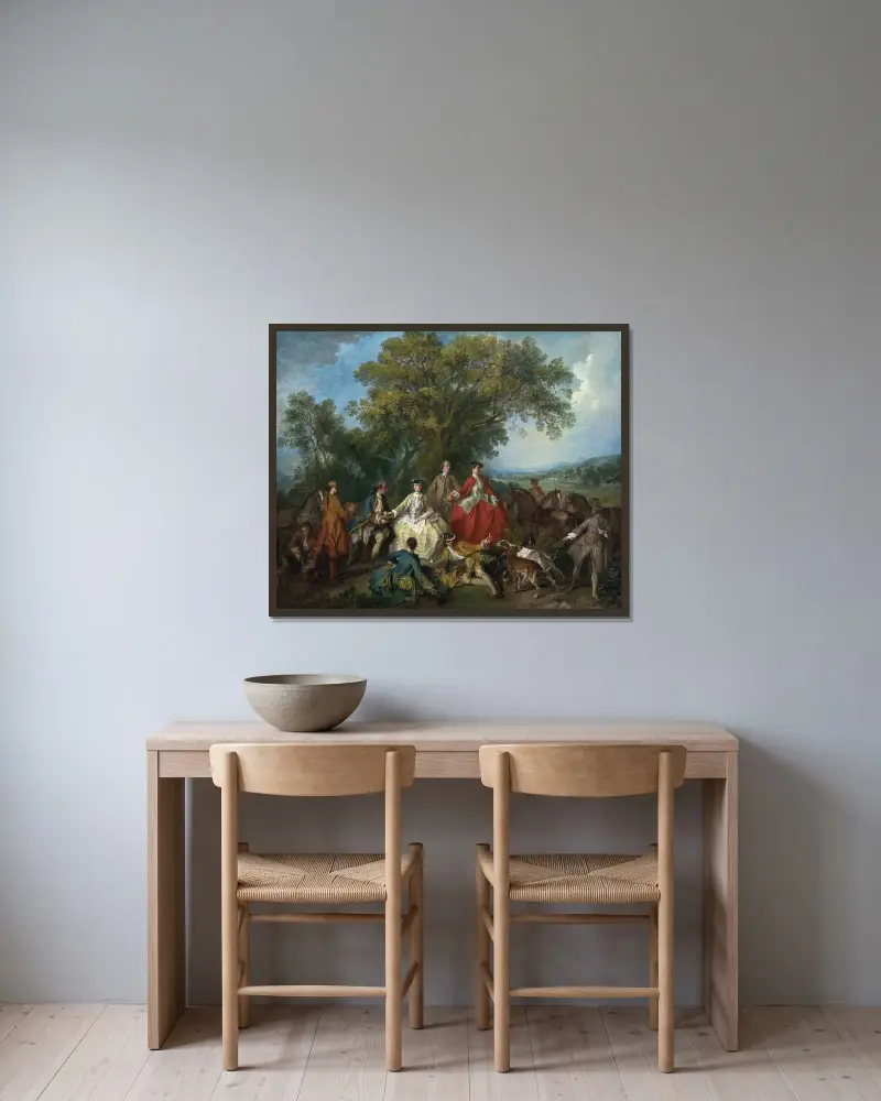 Picknick nach der Jagd von Nicolas Lancret gerahmt an einer Wand