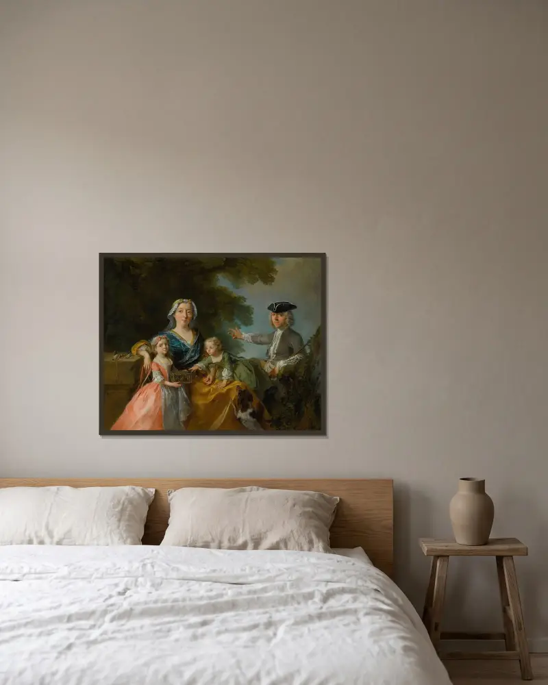 Porträtt av en familj, traditionellt identifierad som herr och fru Saint-Martin med sina två barn i ett landskap av Nicolas Lancret inramad på en vägg