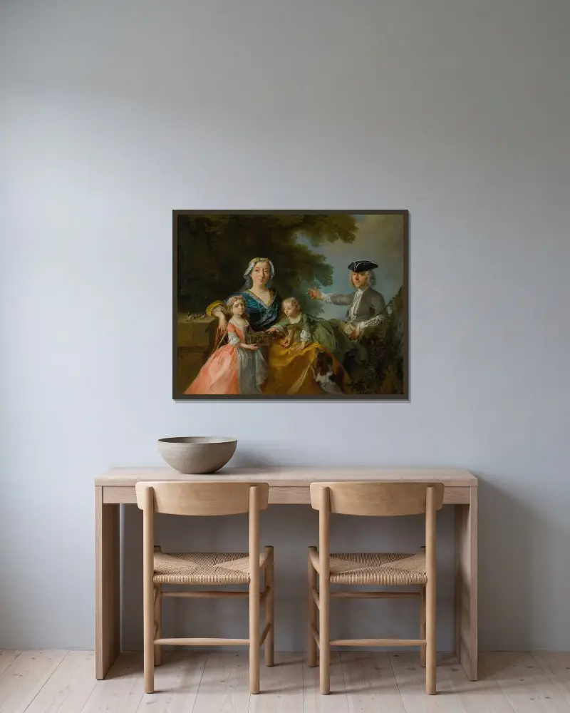 Porträtt av en familj, traditionellt identifierad som herr och fru Saint-Martin med sina två barn i ett landskap av Nicolas Lancret inramad på en vägg