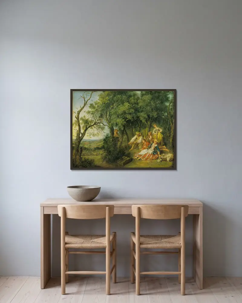 The Bird Catchers av Nicolas Lancret inramad på en vägg