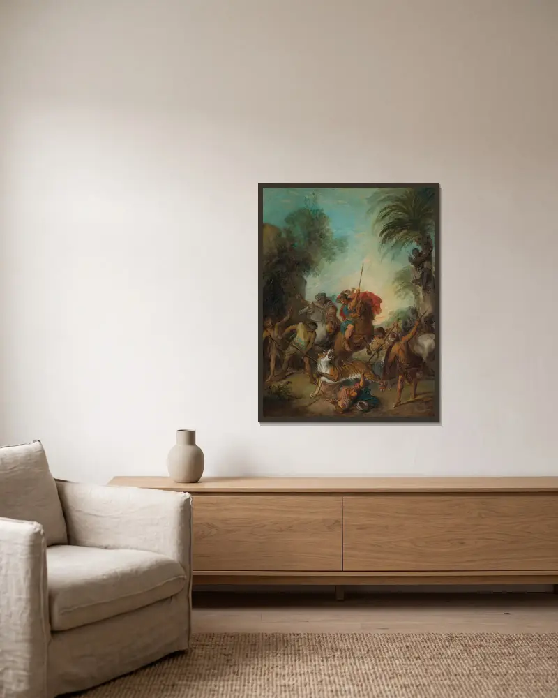 Die Tigerjagd von Nicolas Lancret gerahmt an einer Wand