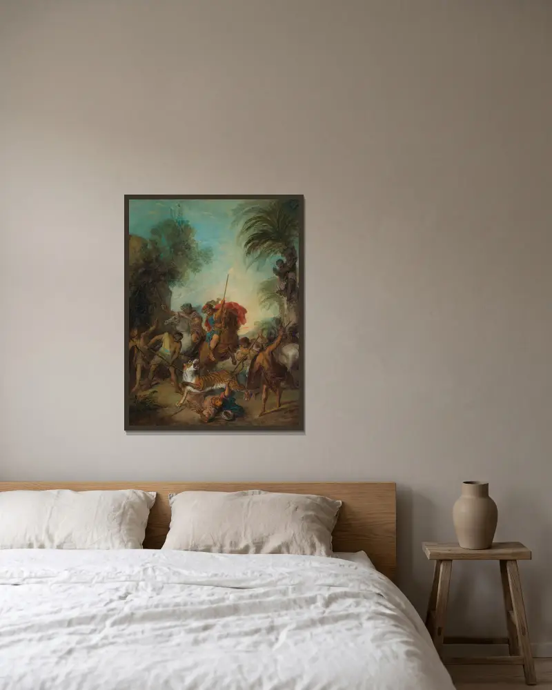 Die Tigerjagd von Nicolas Lancret gerahmt an einer Wand