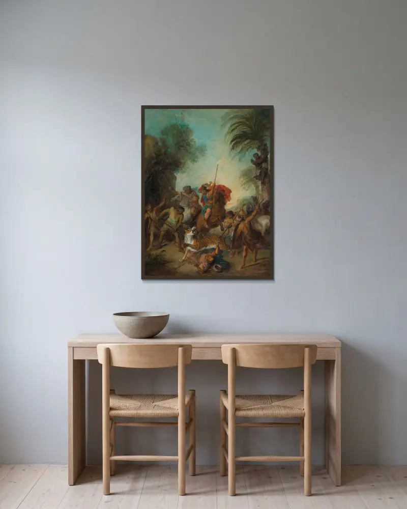 Die Tigerjagd von Nicolas Lancret gerahmt an einer Wand
