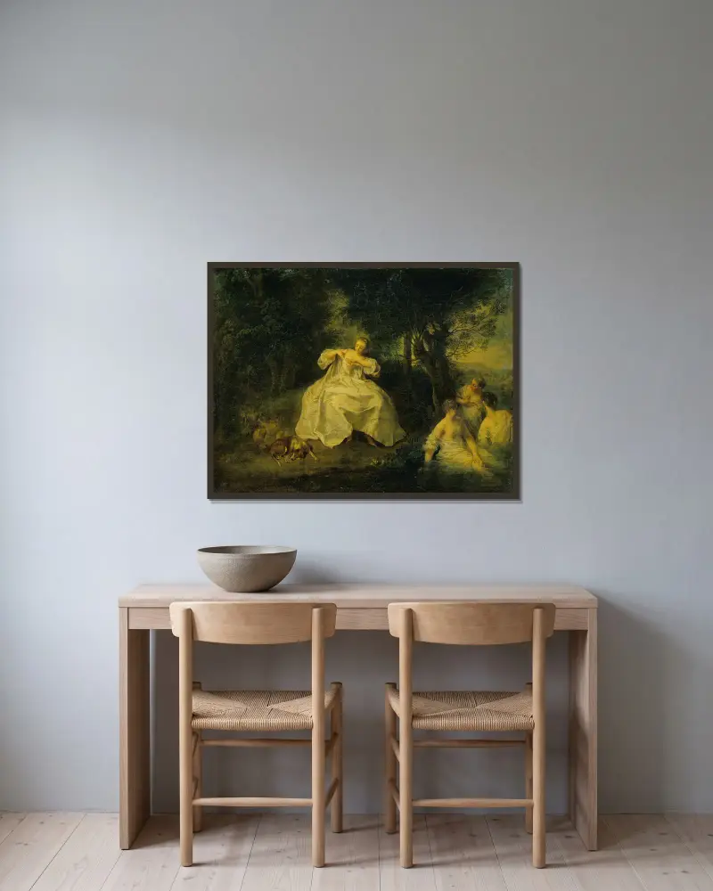 Badende Frauen von Nicolas Lancret gerahmt an einer Wand