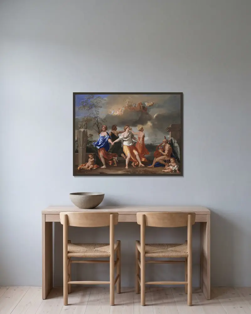 Dans till tidens musik av Nicolas Poussin inramad på en vägg