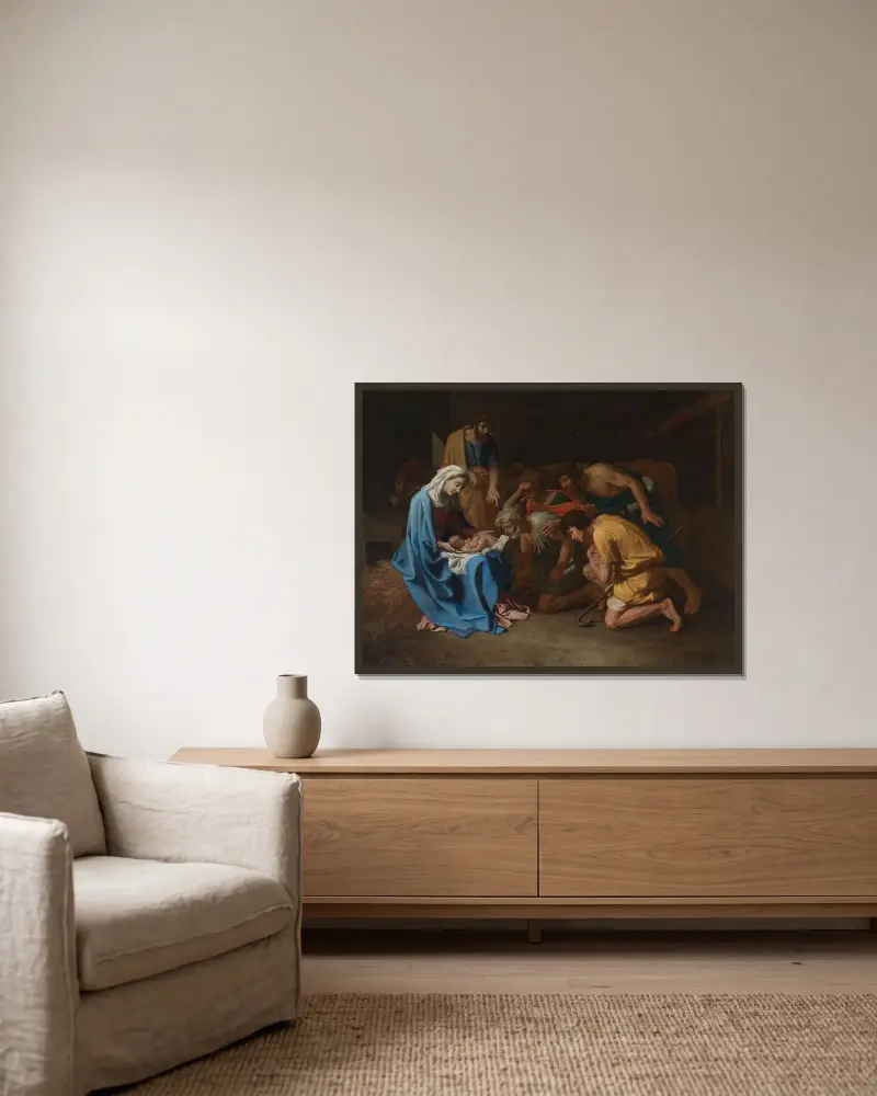 Herdarnas tillbedjan av Nicolas Poussin inramad på en vägg
