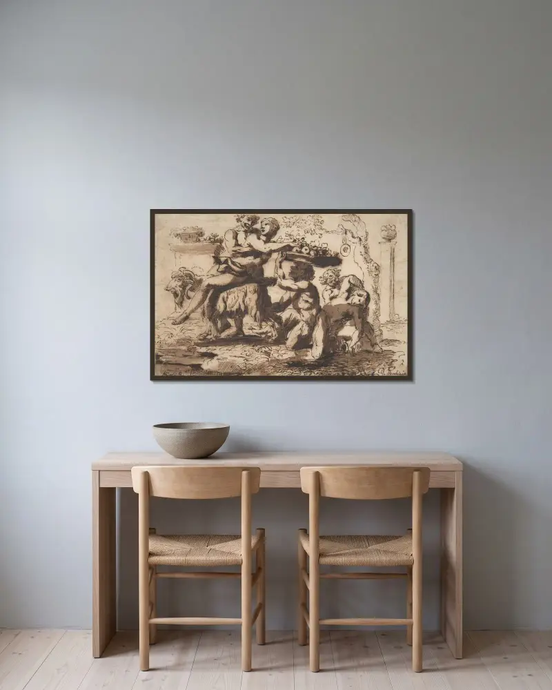 Bacchanal von Nicolas Poussin gerahmt an einer Wand