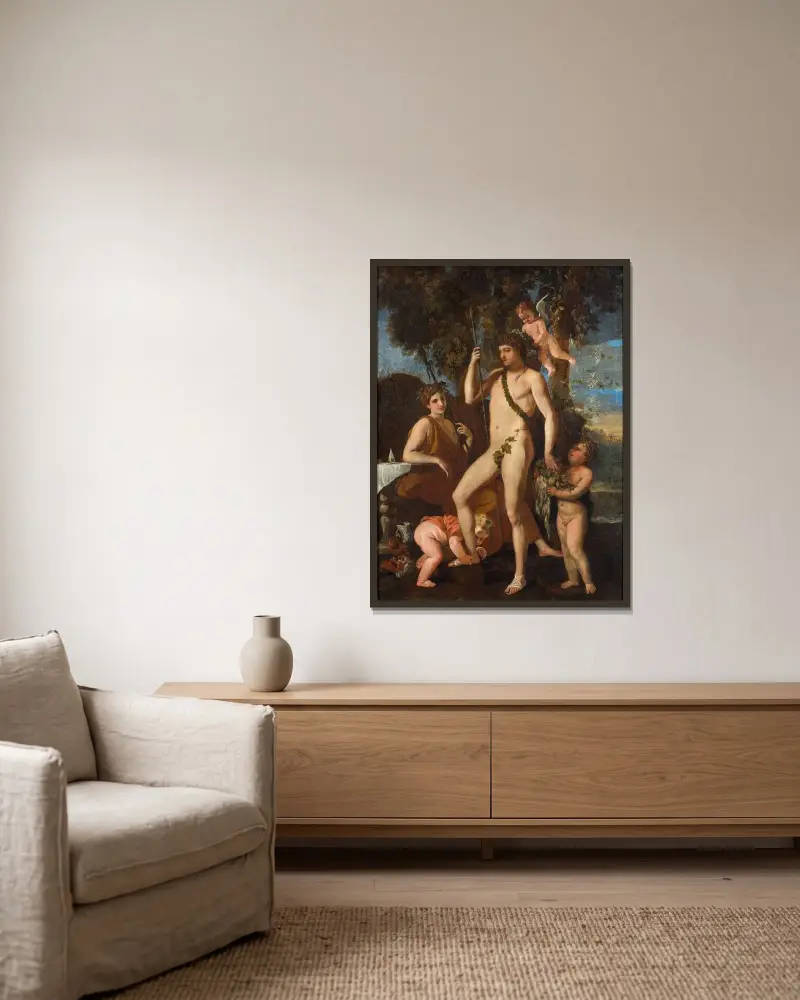 Bacchus-Apollo av Nicolas Poussin inramad på en vägg
