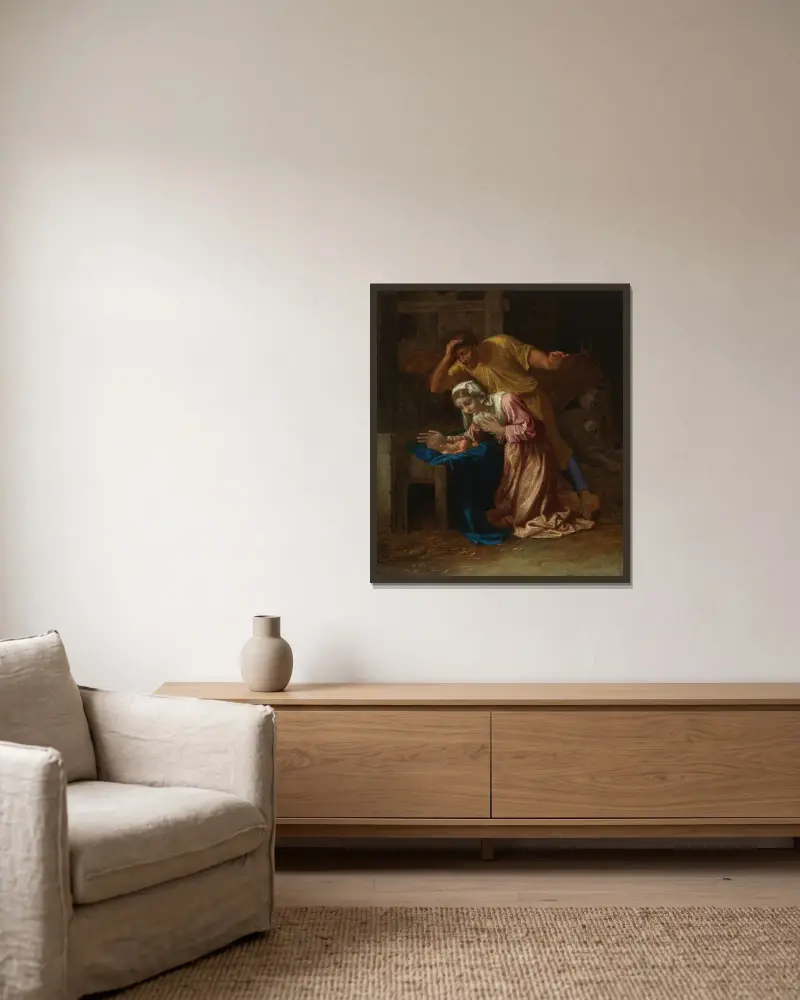 Kristi födelse av Nicolas Poussin inramad på en vägg