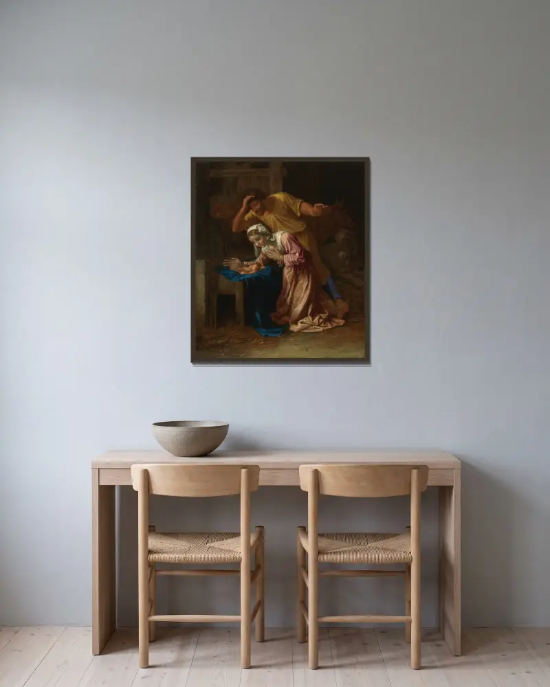 Kristi födelse av Nicolas Poussin inramad på en vägg