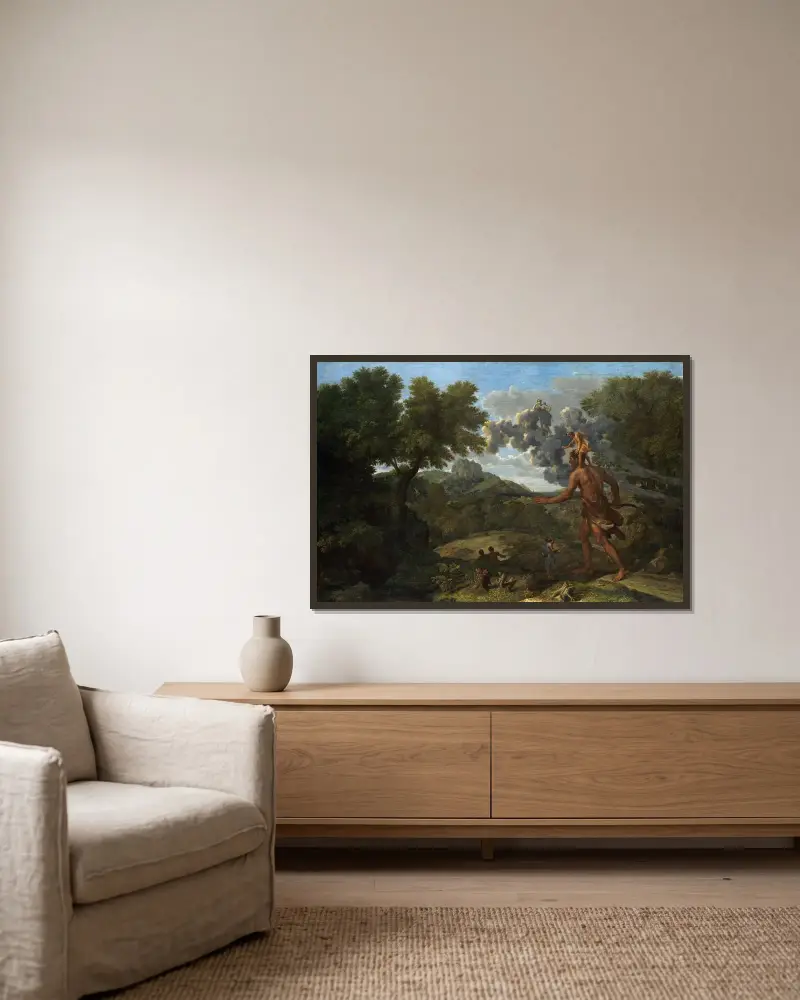 Der blinde Orion sucht die aufgehende Sonne von Nicolas Poussin gerahmt an einer Wand