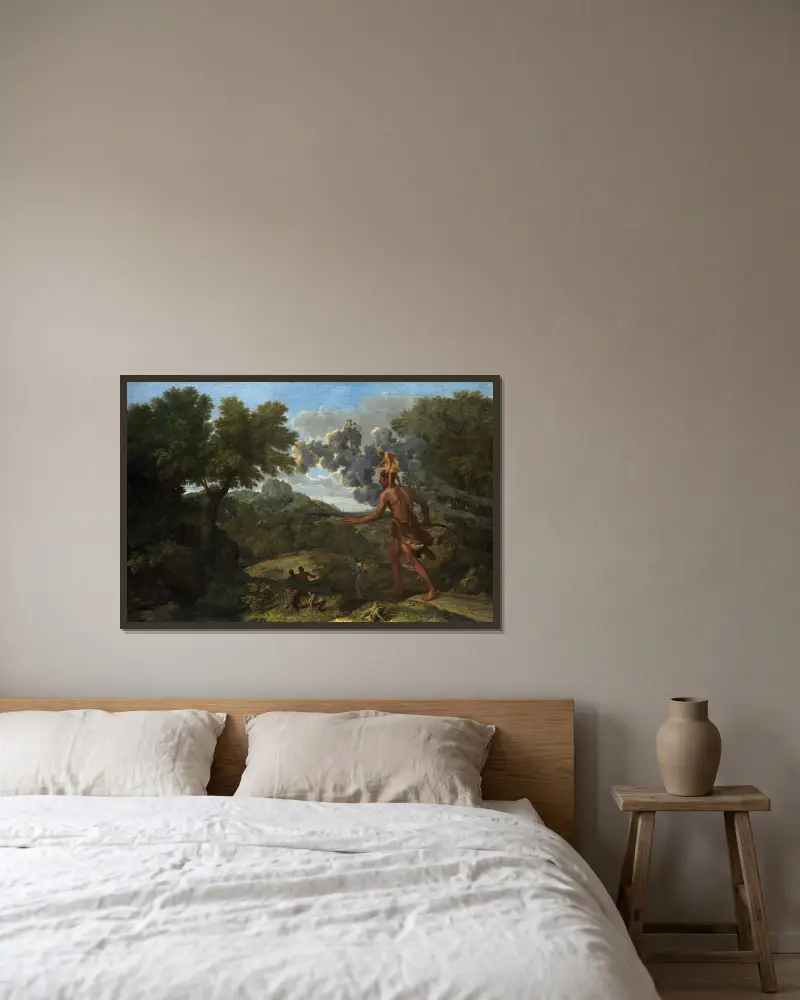 Der blinde Orion sucht die aufgehende Sonne von Nicolas Poussin gerahmt an einer Wand