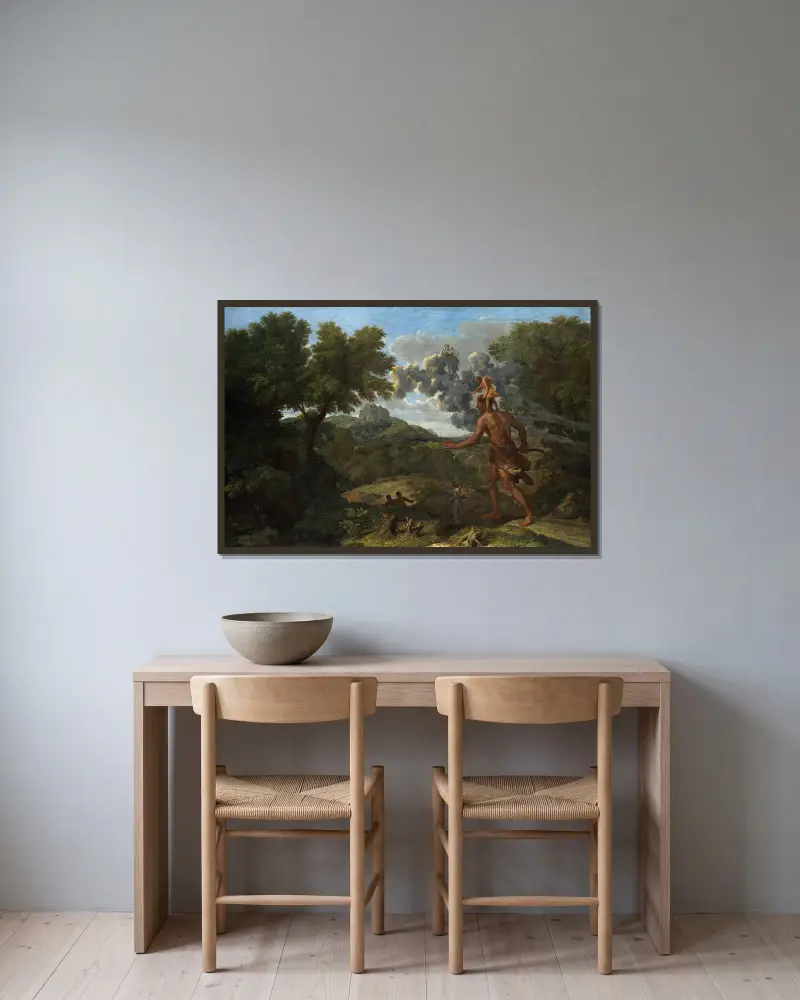 Der blinde Orion sucht die aufgehende Sonne von Nicolas Poussin gerahmt an einer Wand