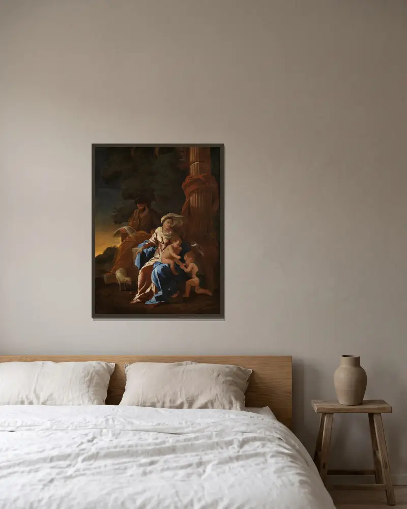 Die Heilige Familie mit dem Johannesknaben av Nicolas Poussin inramad på en vägg