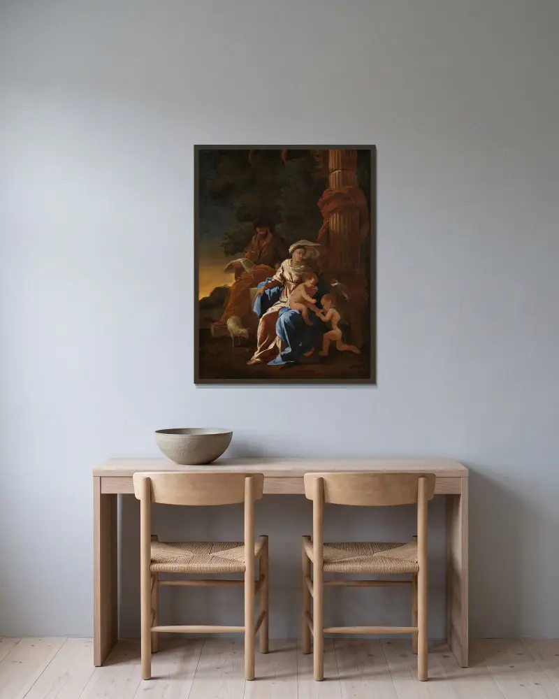 Die Heilige Familie mit dem Johannesknaben av Nicolas Poussin inramad på en vägg
