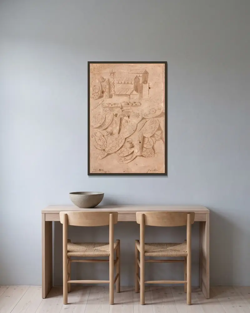 Studie av tält, hjälmar, sköldar, kittel och andra föremål efter Trajanskolonnen av Nicolas Poussin inramad på en vägg