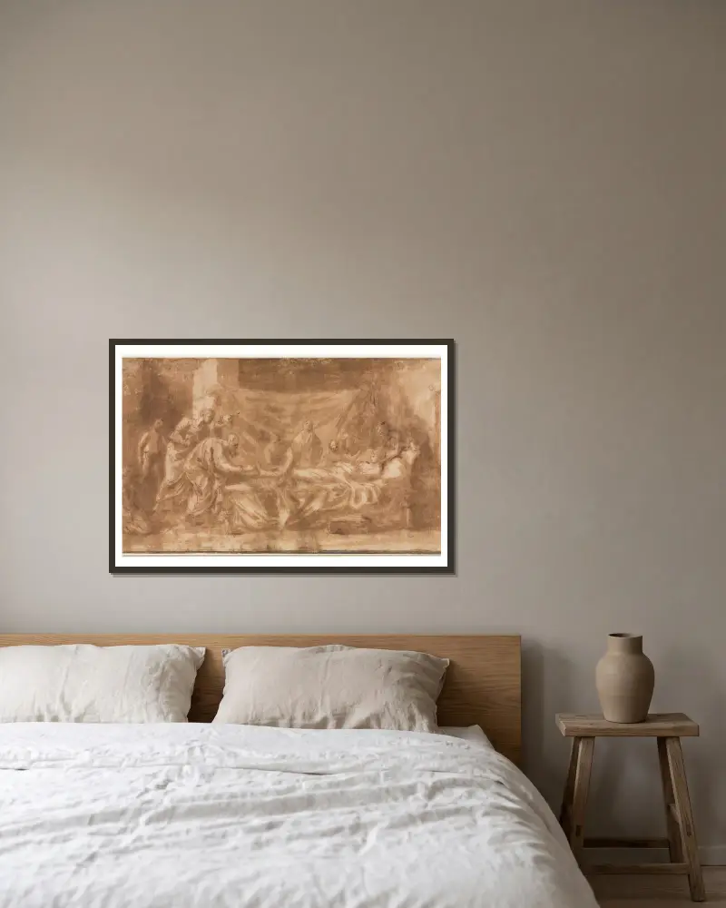Die letzte Ölung von Nicolas Poussin gerahmt an einer Wand
