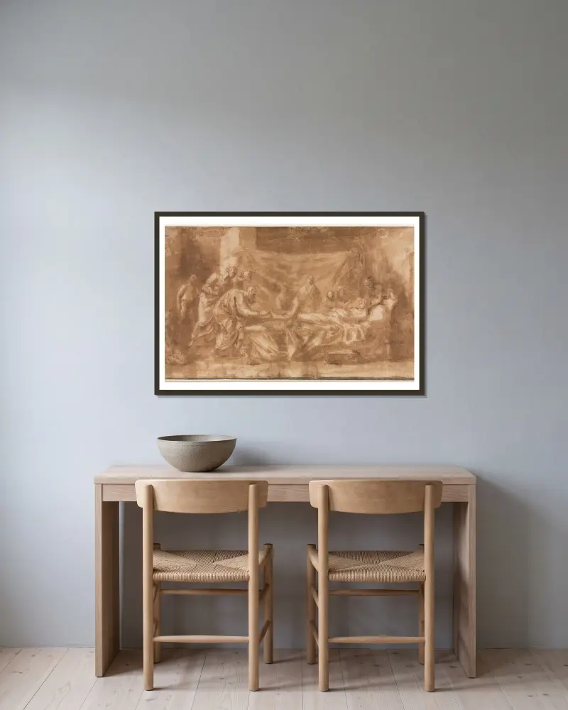 Die letzte Ölung von Nicolas Poussin gerahmt an einer Wand