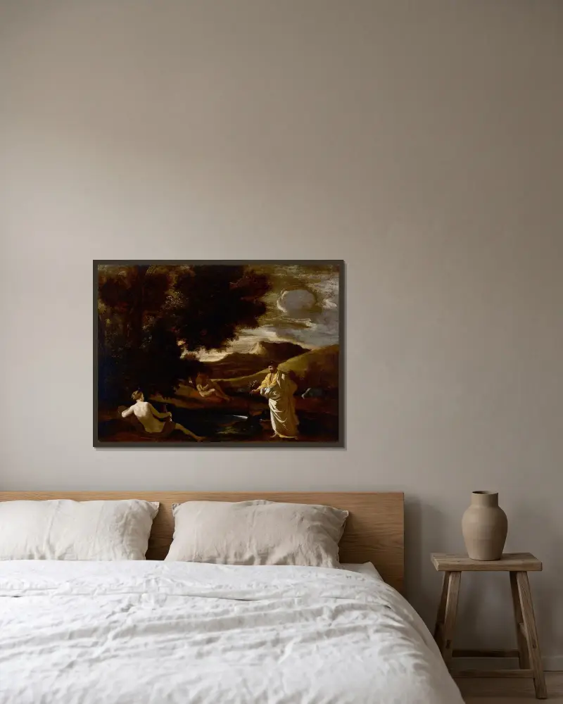 König Midas verwandelt einen Eichenzweig in Gold von Nicolas Poussin gerahmt an einer Wand