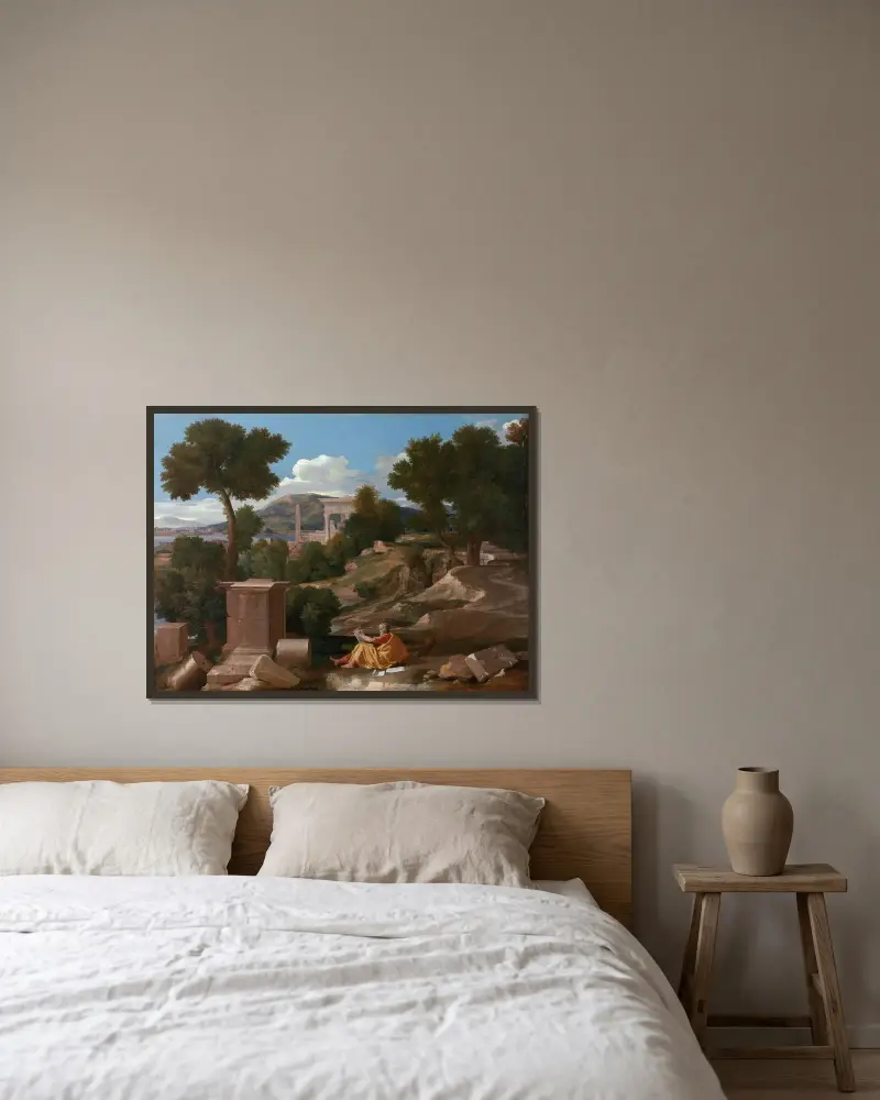 Landskap med Johannes på Patmos av Nicolas Poussin inramad på en vägg